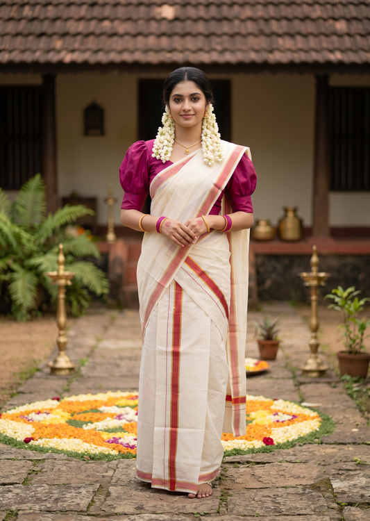 Southloom Pure Cotton Kerala Kasavu Set Mundu (Mundum Neriyathum) Kasavu & Pink Border in 2.80 Mtrs SLKK SL470