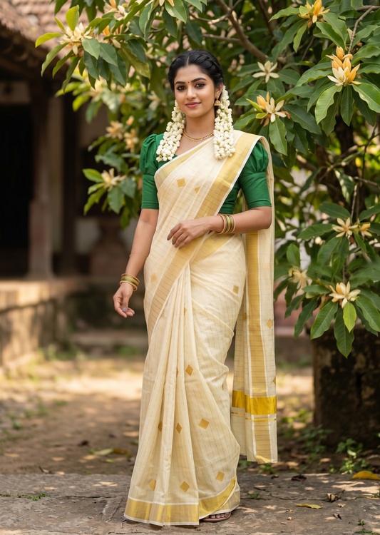 Southloom Kerala Tissue Kasavu Striped Saree with  Diagonal Woven Designs in Golden Body Work