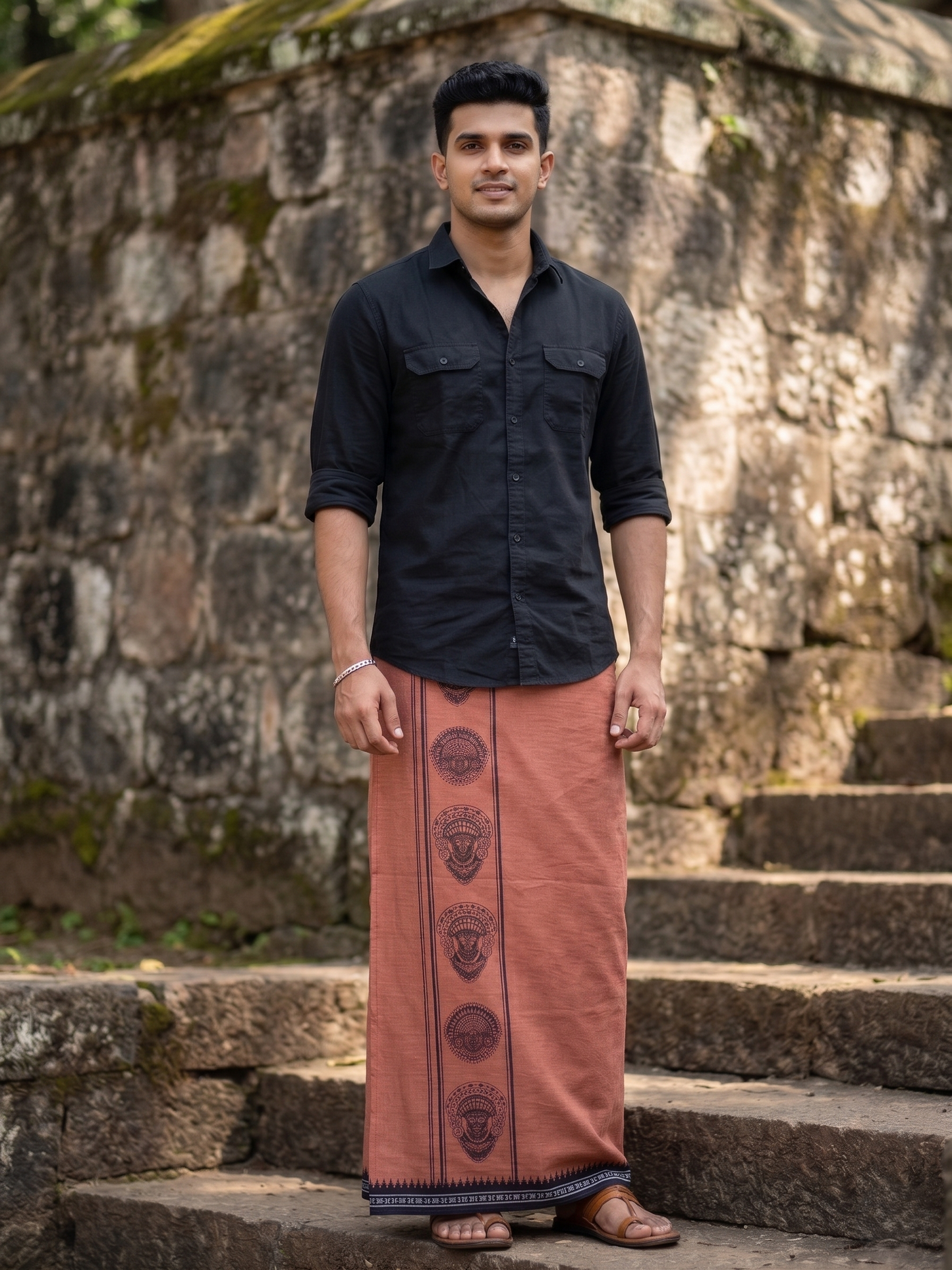Southloom Saffron (Kaavi) Black Printed Single Mundu / Lungi (South Indian Kerala Dhoti) SL319