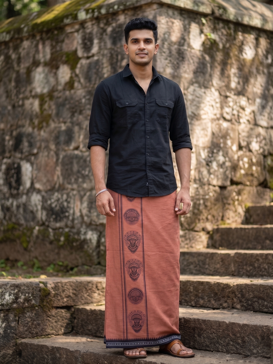 Southloom Saffron (Kaavi) Black Printed Single Mundu / Lungi (South Indian Kerala Dhoti)