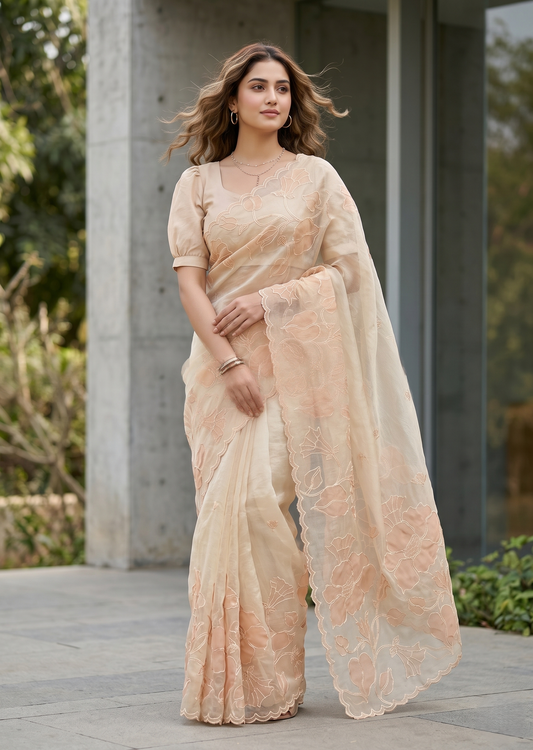 Southloom Turkish Organza Saree With Floral Design in Pastel Beige With Scalloped Border