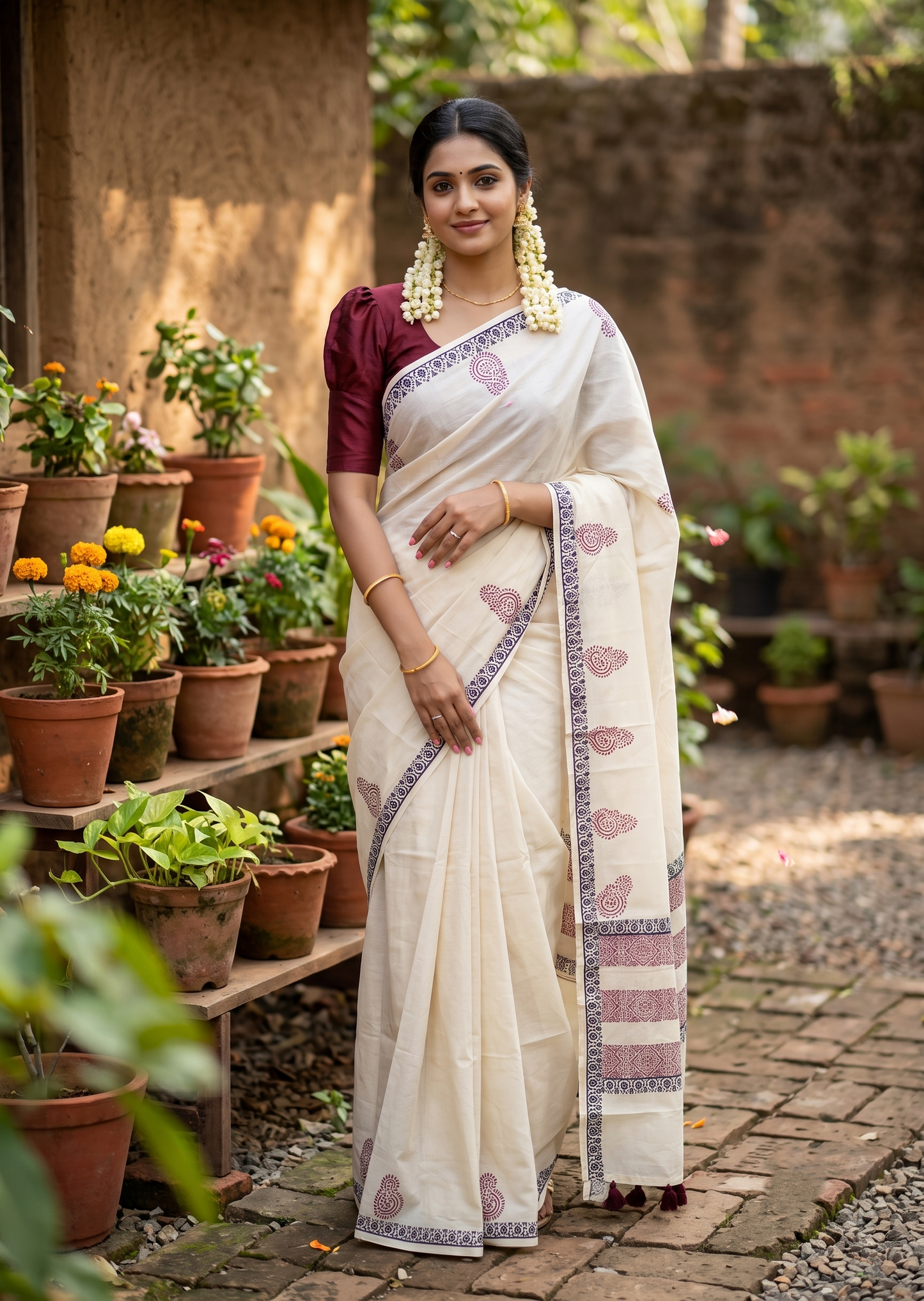 Southloom Kerala Cotton Saree with With Floral Digital Prints on Maroon& Blue Borders SL521