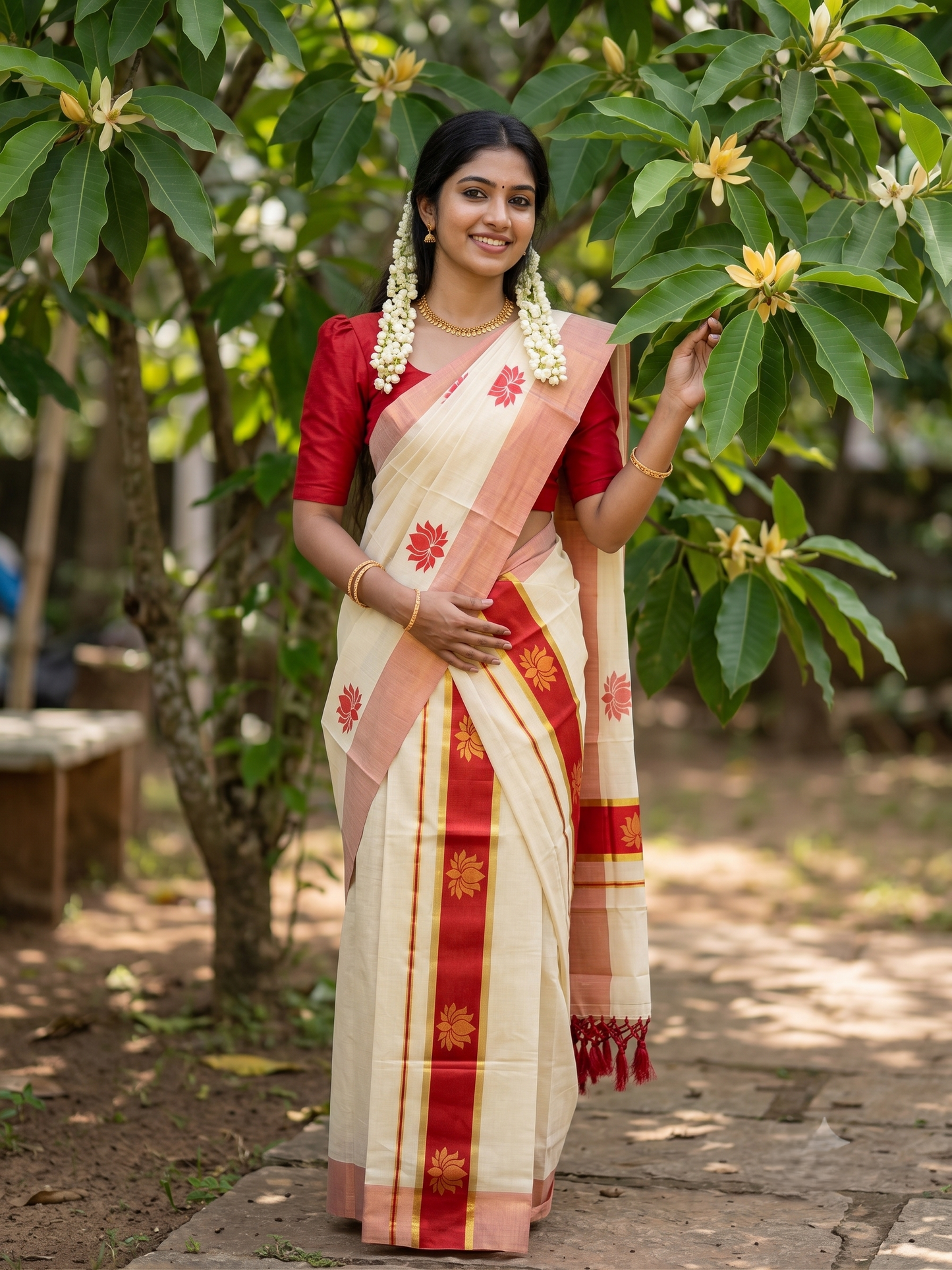 Southloom Kerala Cotton Kasavu Single Set Mundu (Mundum Neriyathum) with Lotus Design in Red SL546