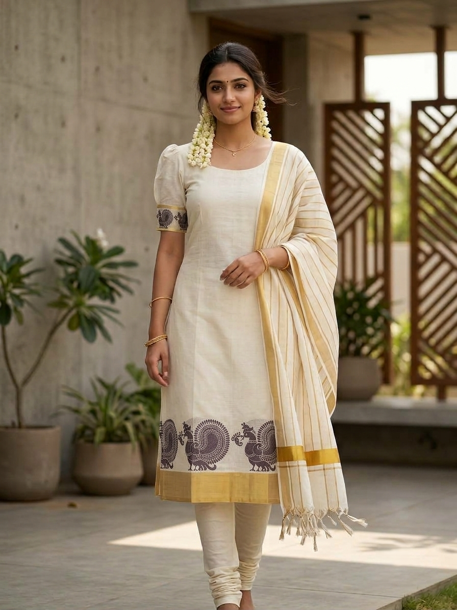 Southloom™ Cotton Churidar Salwar Suit Unstiched Material with Purple Peacock Design On Border  (include Lines Shawl / Dupatta) SL601