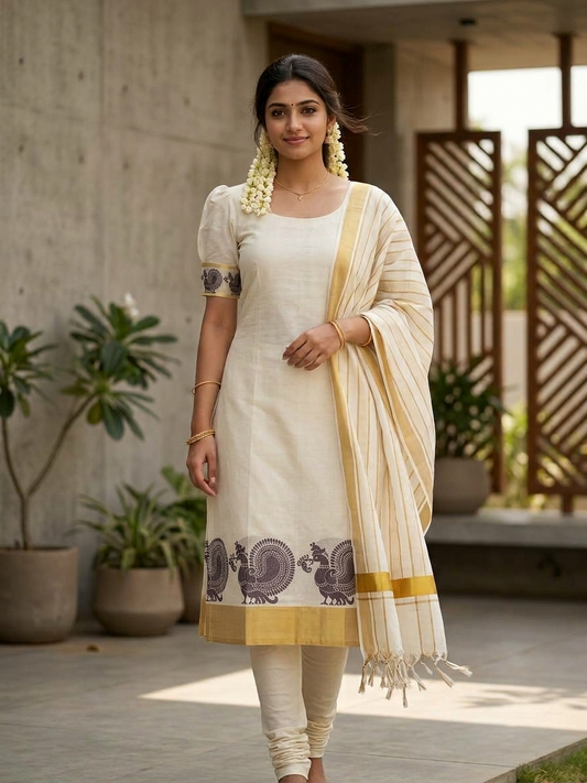Southloom™ Cotton Churidar Salwar Suit Unstiched Material with Purple Peacock Design On Border  (include Lines Shawl / Dupatta) SL601