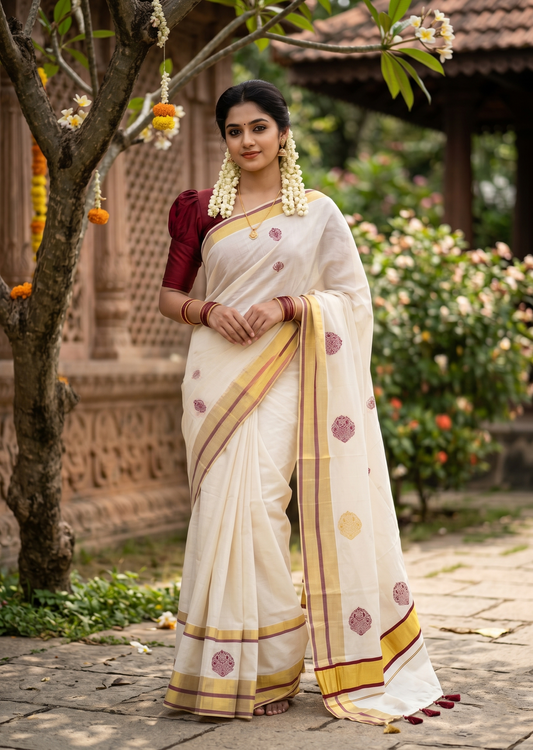 Southloom Pure Cotton Kerala Saree with Digital Print On The Body In Maroon With Gold Kasavu Border SL367