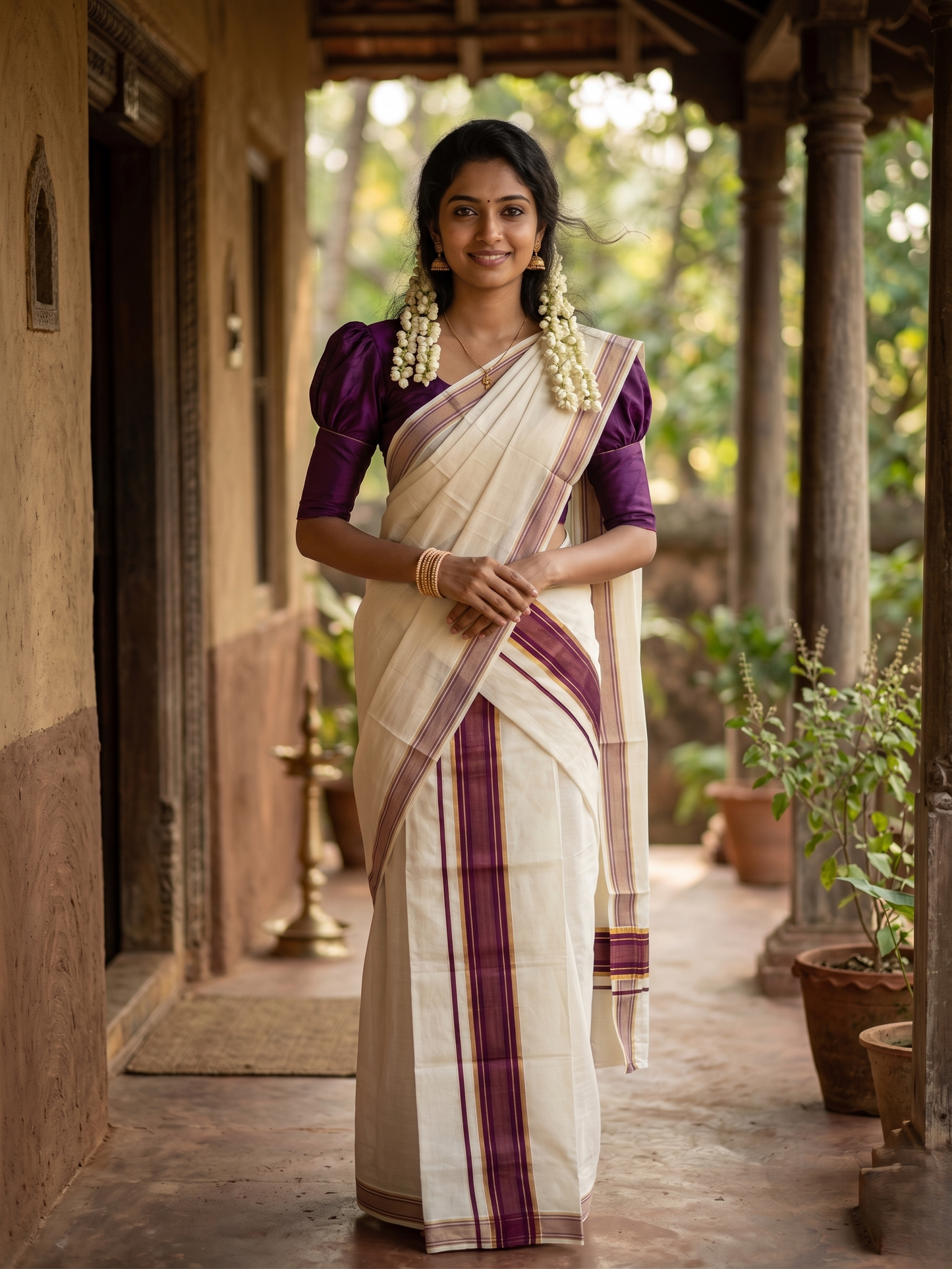 Southloom Kerala Cotton Set Mundu (Mundum Neriyathum) with Kasavu and Purple Border 2.80 Mtrs