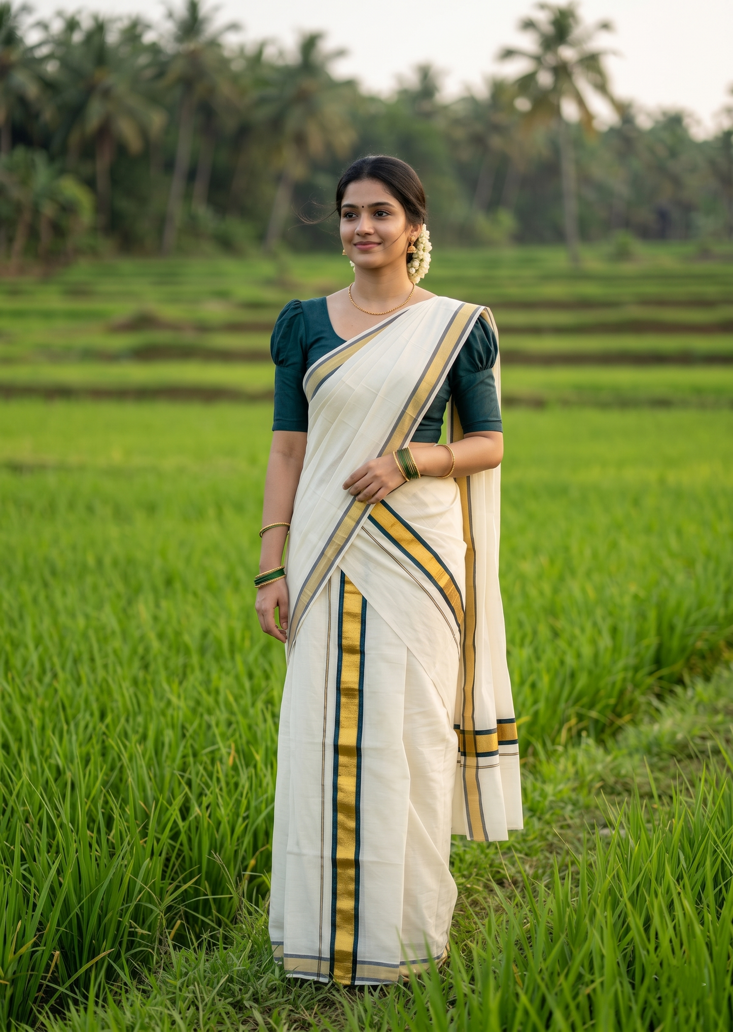 Kerala Cotton Mundum Neriyathum Single (Set Mundu) with Dark Green and Kasavu Border 2.80 Mtrs SLKK