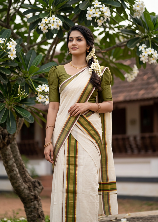 Kerala Cotton Set Mundu (Mundum Neriyathum) with Kasavu and Olive Green& Maroon Border in 2.80 Mtrs SLKK SL470