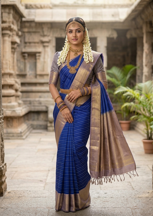 Southloom Pure Handloom Bridal Kanchipuram Silk Saree with Korvai Work (Grey & Blue)