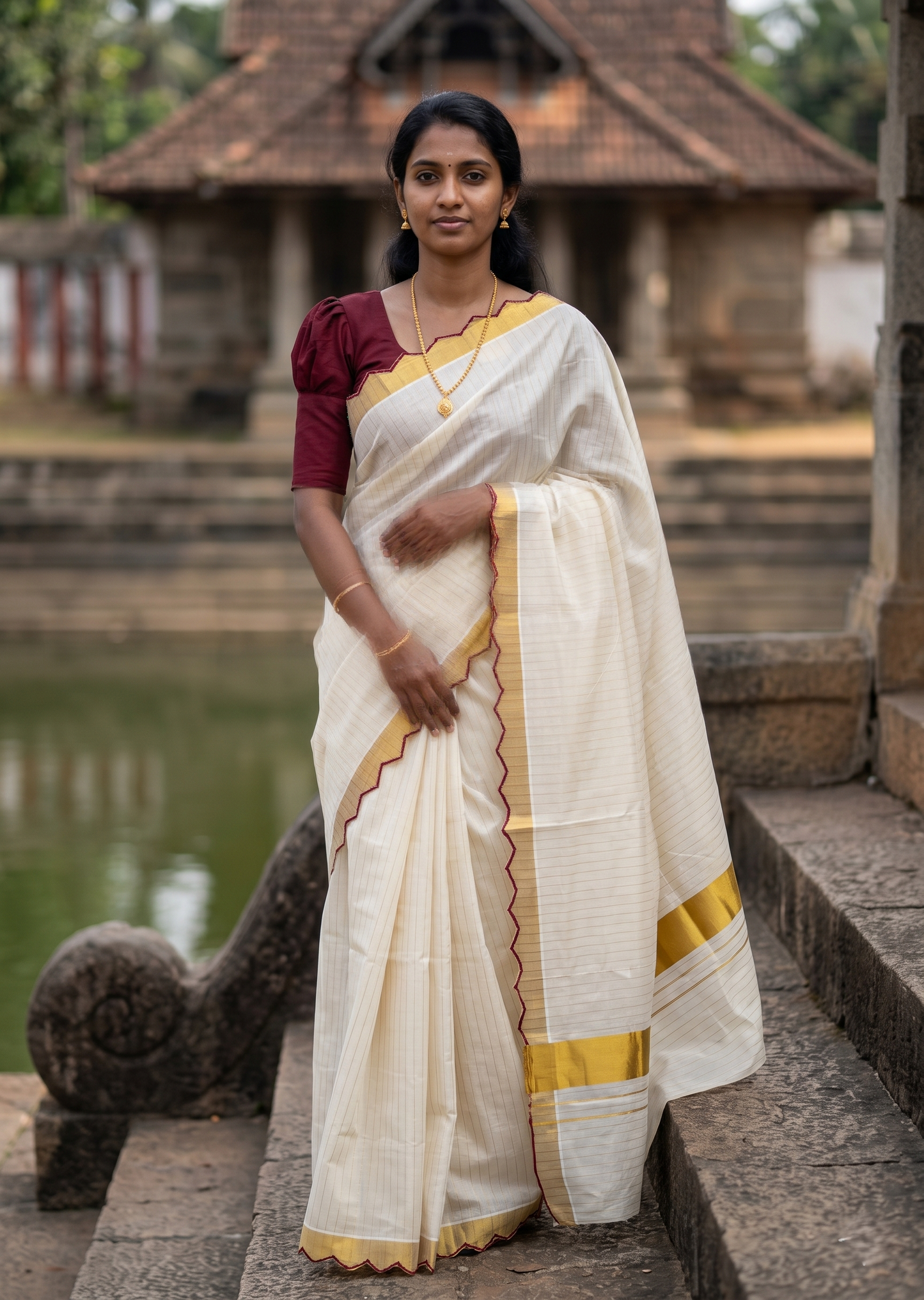 Southloom Pure Cotton Kerala Kasavu Saree with Stripes on Body and Scalloped Border in Maroon SL484