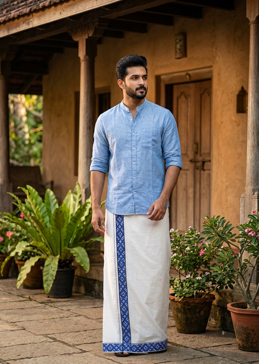 Southloom White Printed Single Mundu / Otta Mundu / Lungi (South Indian Kerala Dhoti)SL598