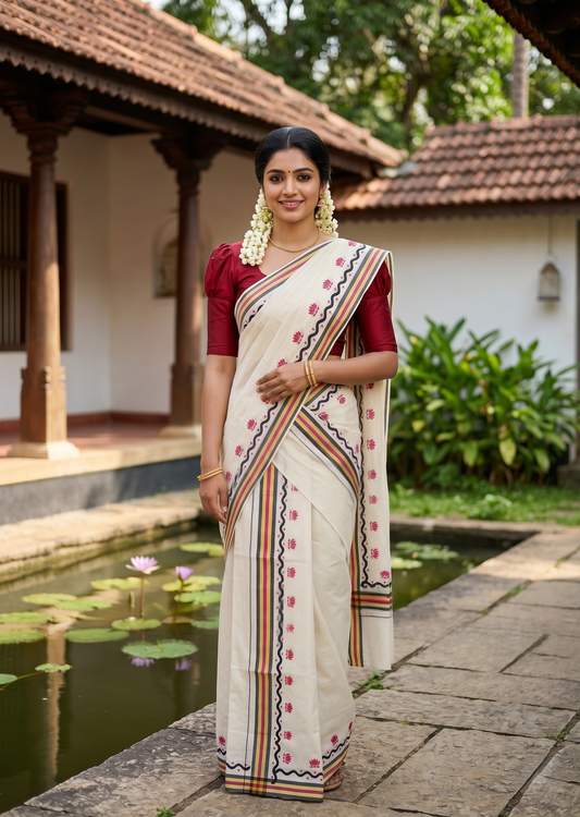 Southloom Pure Cotton Kerala Single Mulloth Set Mundu With Lotus Digital Print in Red (Mundum Neriyathum) in 2.75 Mtrs SL371