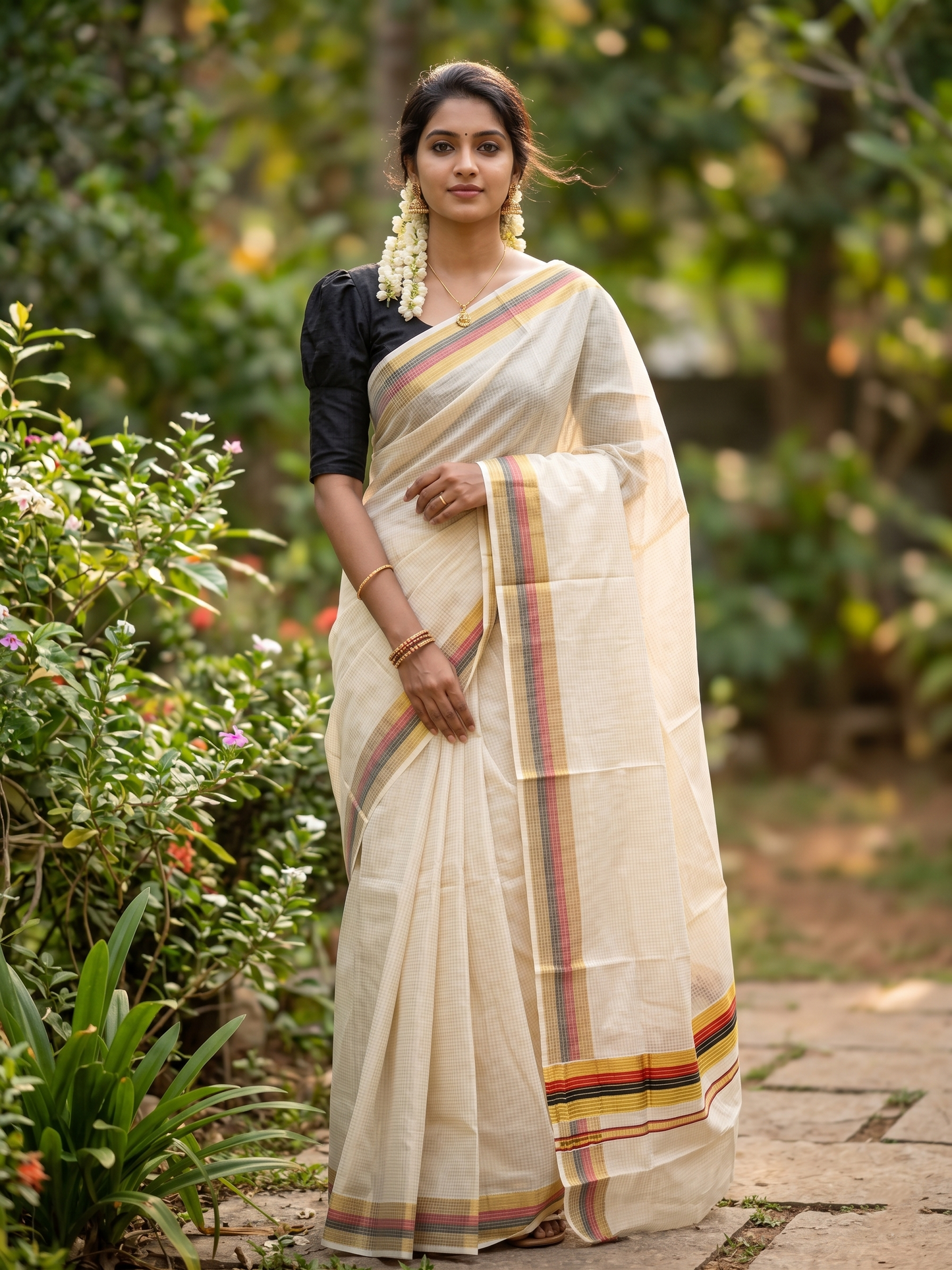 Southloom Kerala Cotton Kasavu Saree with Micro Check Design on Body in Red & Black Border