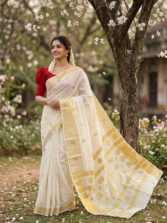 Southloom Pure Cotton Kerala Kasavu Heavy Work Saree with Paisley Floral Woven Design