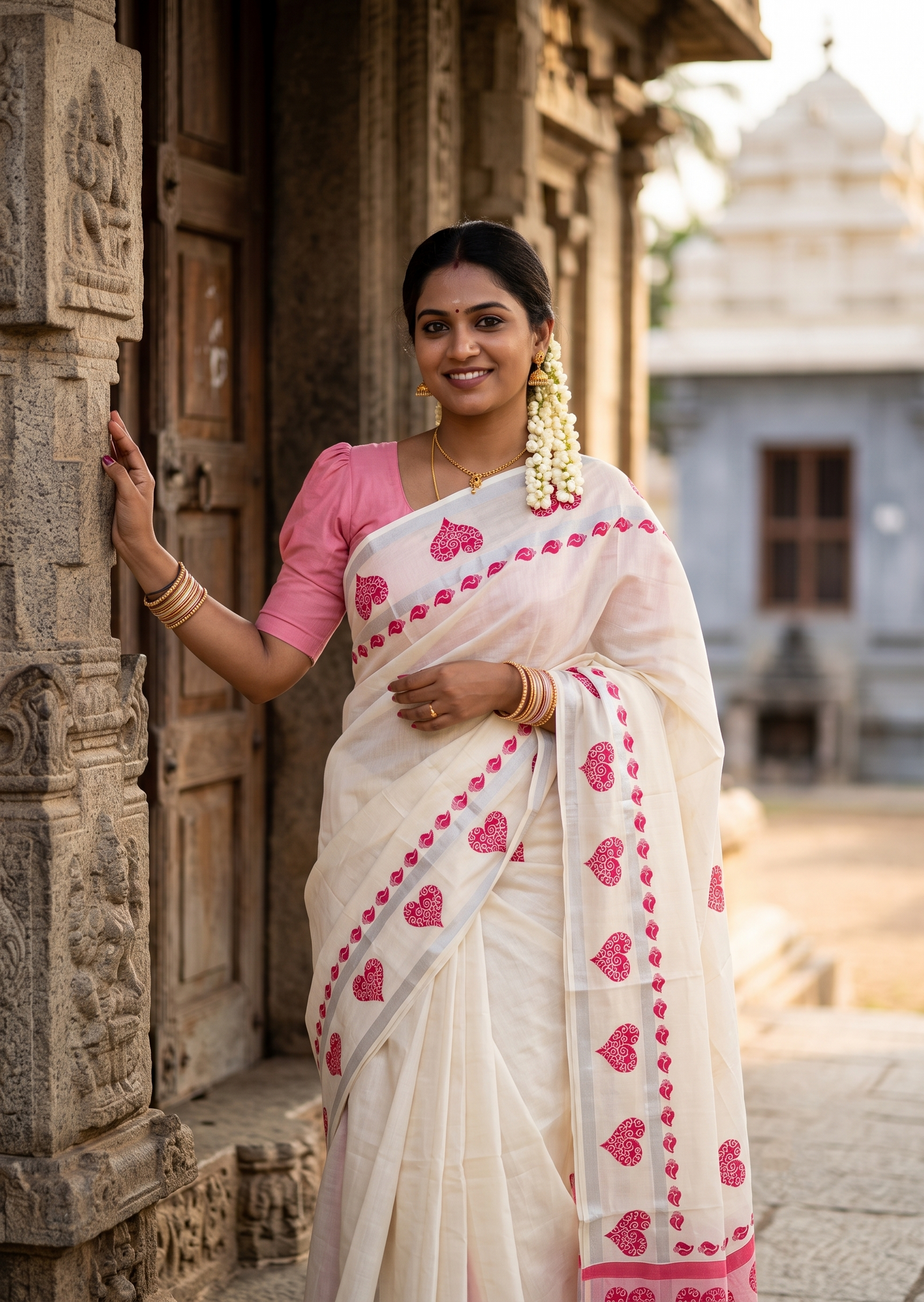 Southloom Cotton Kerala Kasavu Saree with Digital Print on Body in Pink SL519