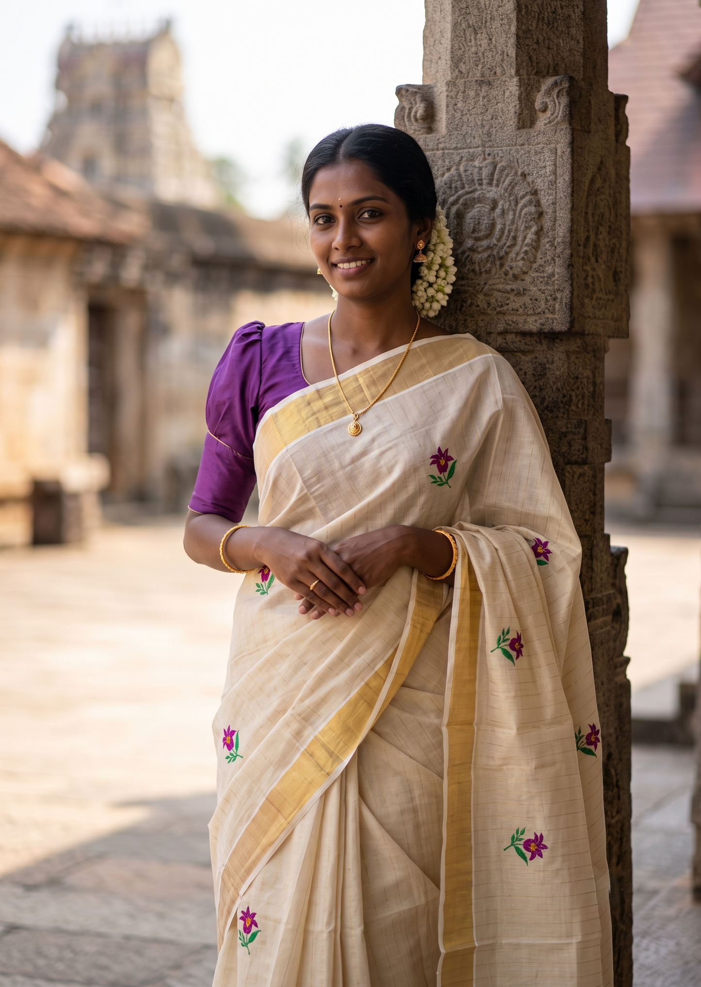 Southloom Kerala Tissue Violet And Green Floral Embroidery Design on the Body With Gold Kasavu