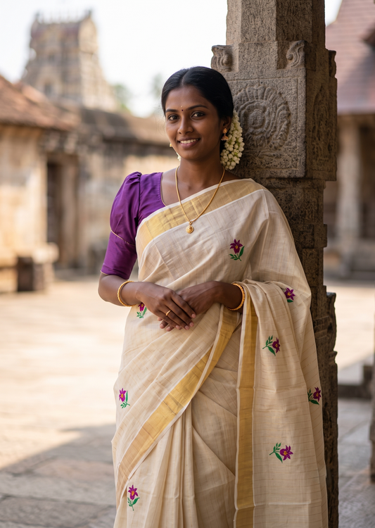 Southloom Kerala Tissue Violet And Green Floral Embroidery Design on the Body With Gold Kasavu