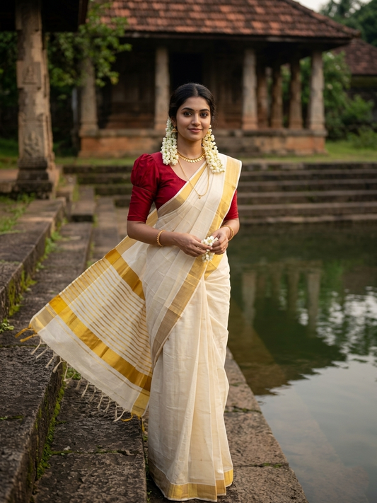 Southloom Kerala Tissue Replica Kasavu Saree with Stripes on Pallu with Tussels