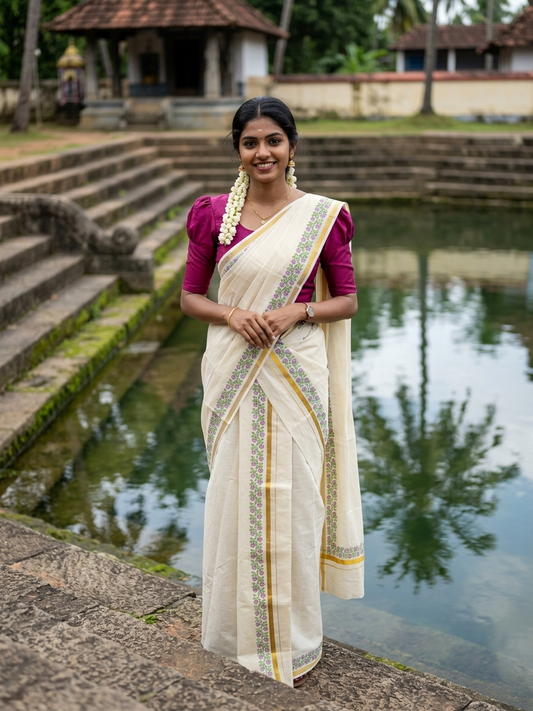 Southloom Pure Cotton Kerala Single Floral Print Set Mundu (Mundum Neriyathum) Magenta and Green Border in 2.80 mtrs