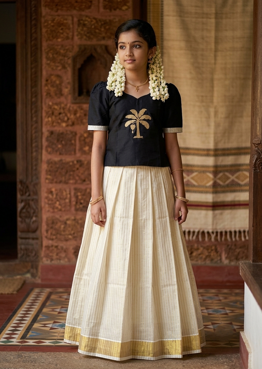 Southloom Kerala Tissue Kasavu Pavada Blouse with for Kids