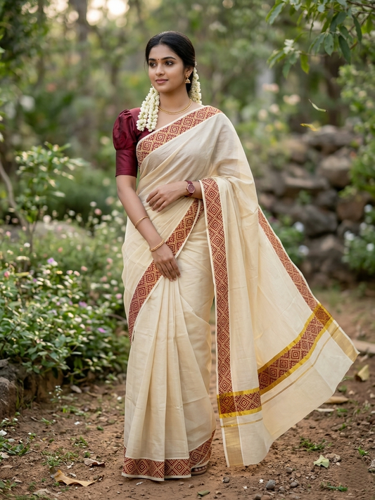 Southloom Kerala Tissue Kasavu Plain Saree Maroon Hand Printed SL350