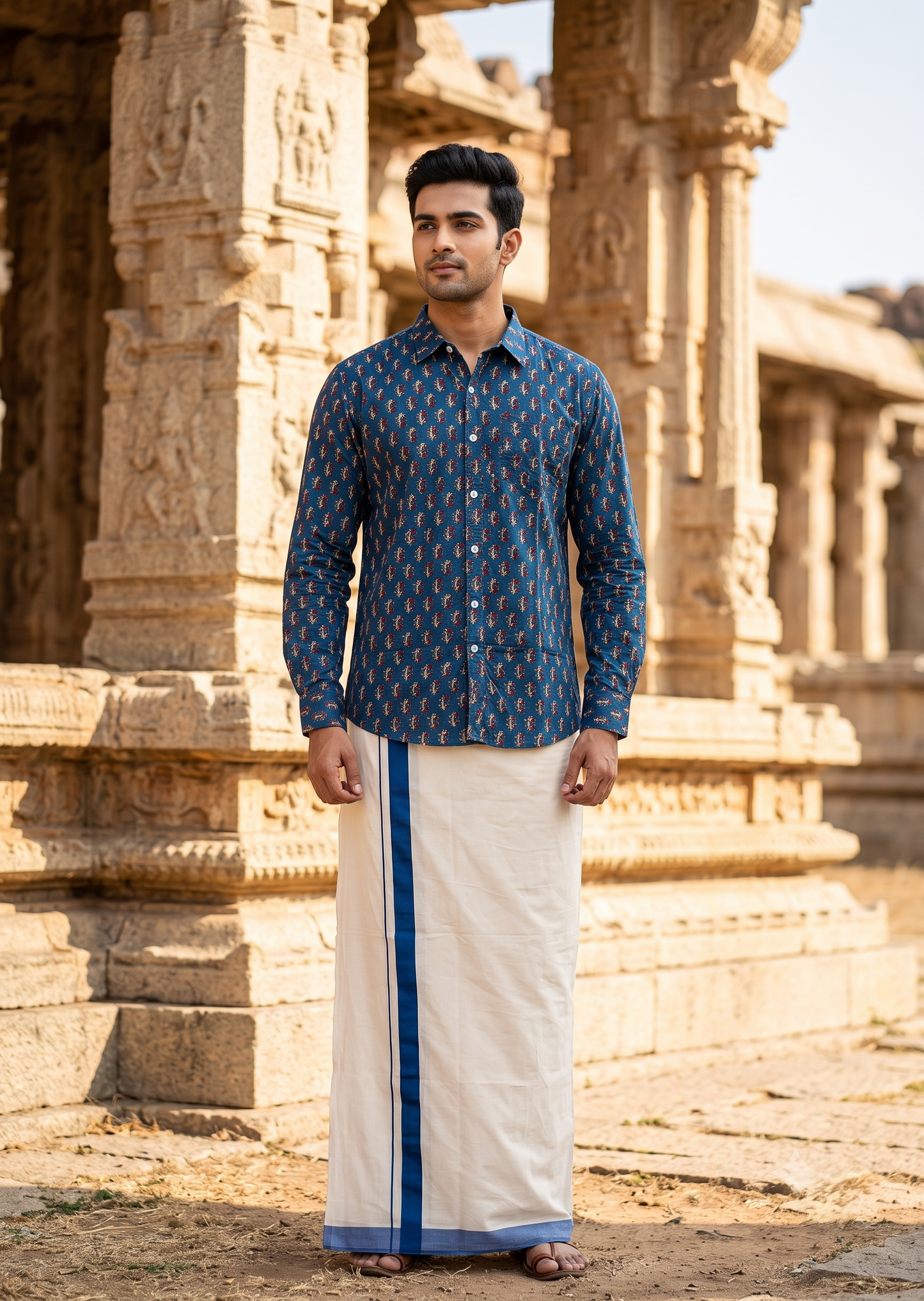Southloom Cotton Jaipur Printed Men's Combo Full Sleeve (Shirt + Mundu) SLCOMBO SL564