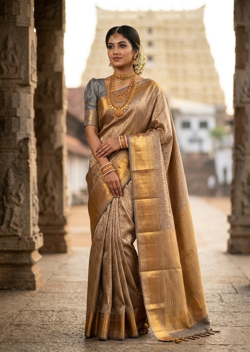 Southloom Brocade Silk Bridal Saree WIth Woven Borders in Bridal Grey with Matching Pallu
