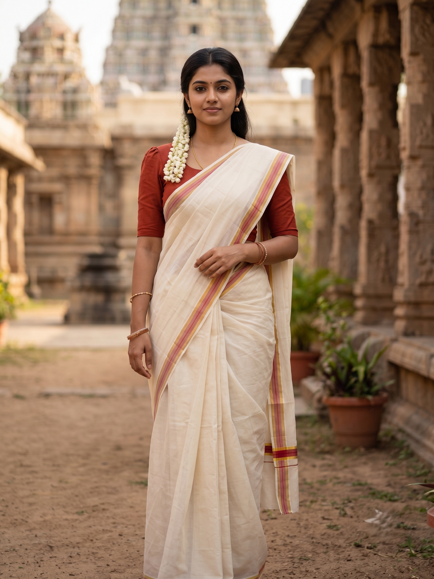 Southloom Pure Cotton Kerala Saree with Kasavu and Brike Red Border