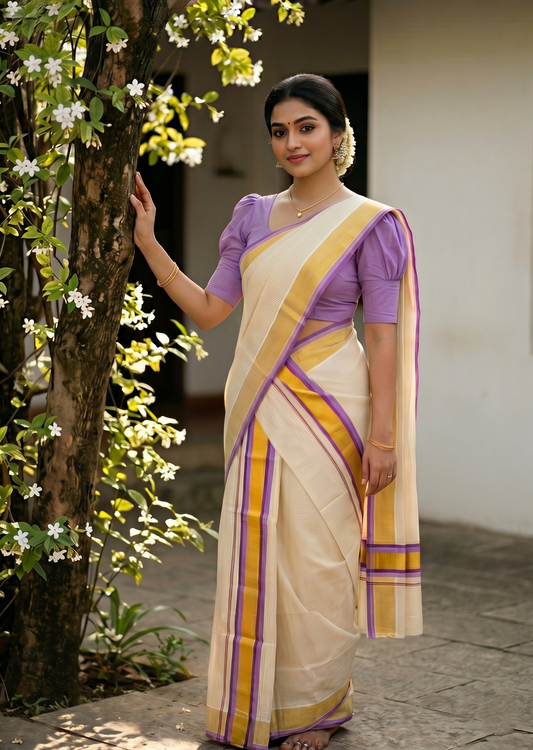 Southloom Pure Cotton Set Mundu with Gold Kasavu Micro Check Across Body in Violet and Lavender SL348