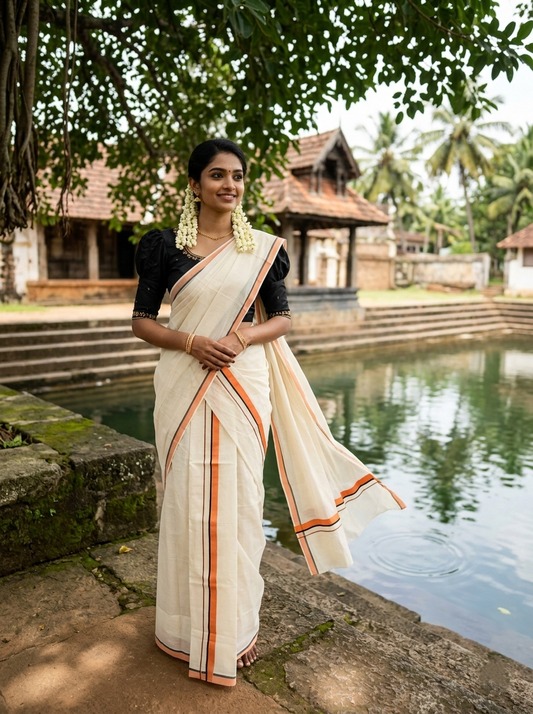 Southloom Pure Cotton Kerala Single Set Mundu (Mundum Neriyathum) Peach & Black Border