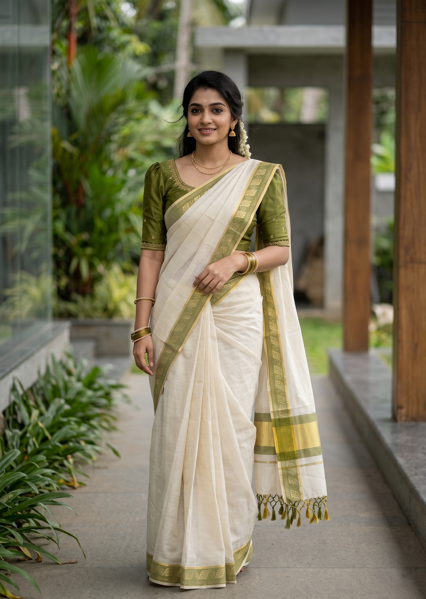 Southloom Kerala Tissue Kasavu Plain Saree with Olive Green Border