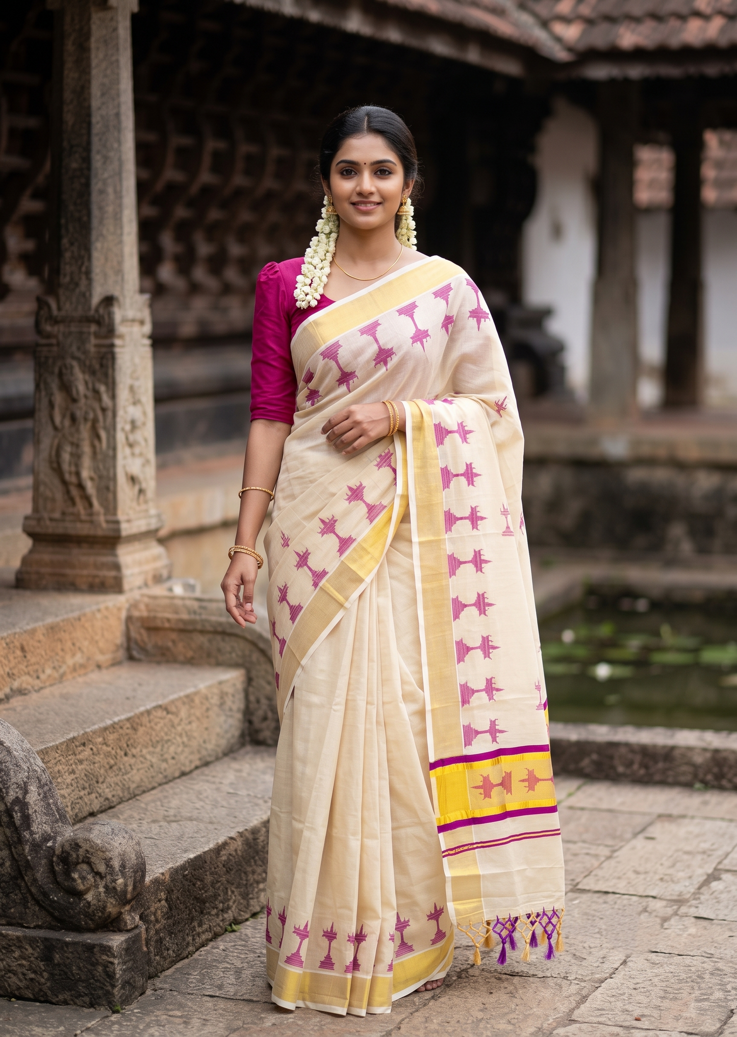 Southloom Kerala Tissue Saree with Nilavilakku Digital Print Design in Magenta SL568