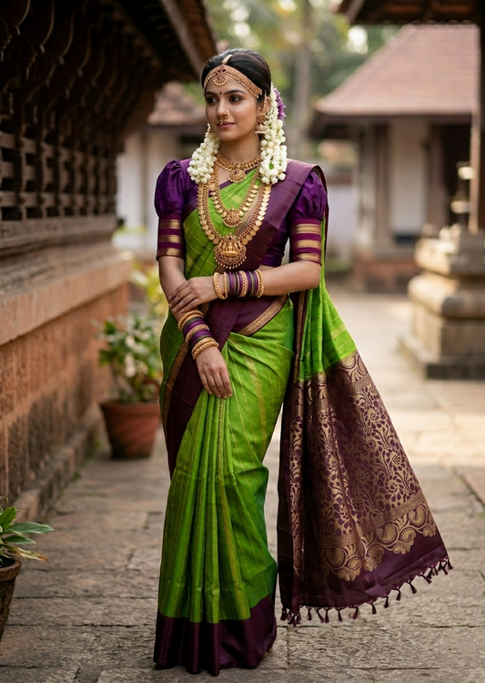 Southloom Pure Handloom Kanchipuram Silk Saree with Butta Work (Green & Purple)