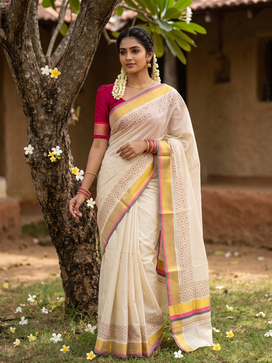 Southloom Kerala Cotton Kasavu Saree with Micro Check And Floral Design on Body In Pink And Grey Border SL357