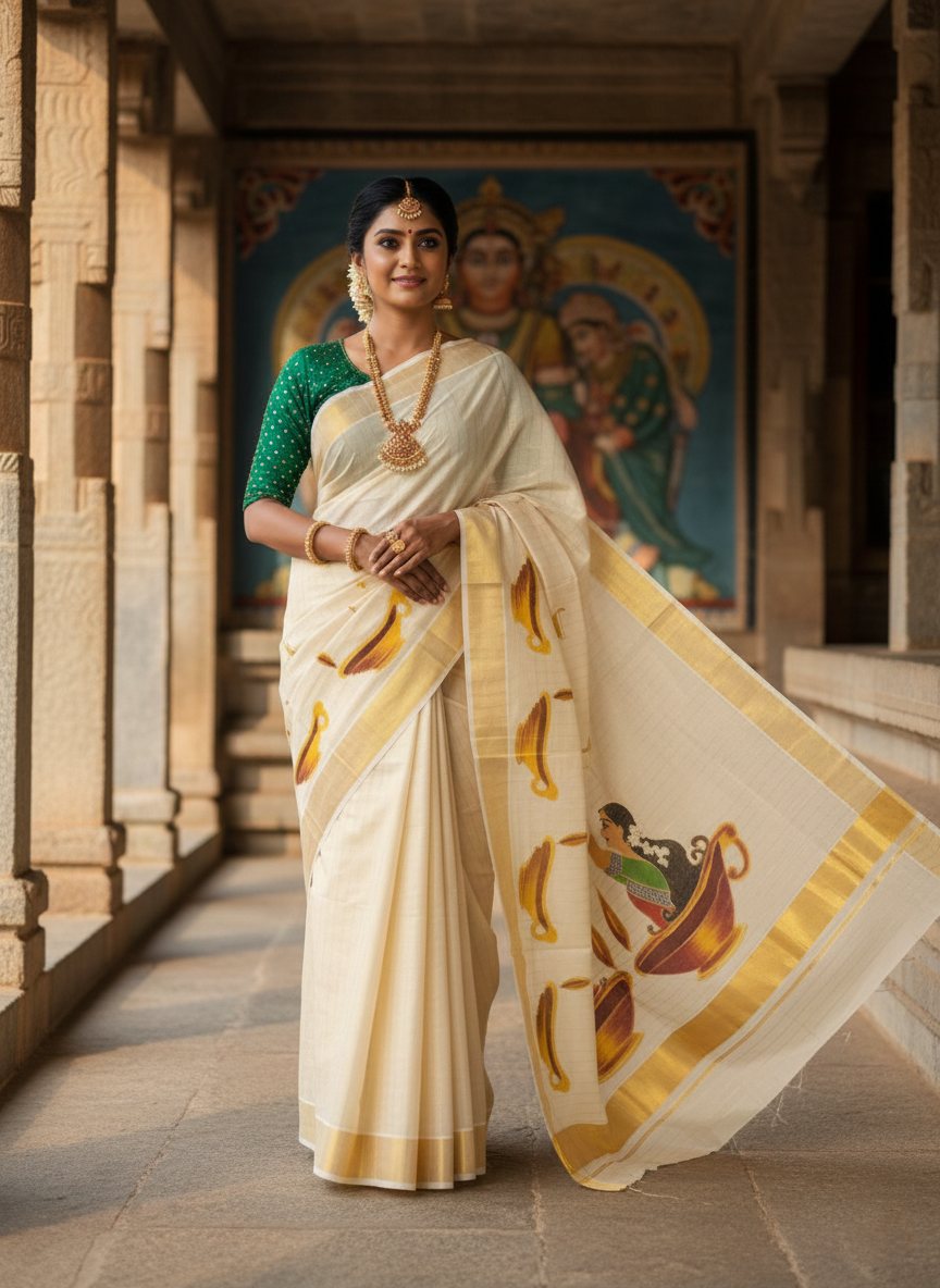 Southloom Kerala Tissue Kasavu Line Saree with Hand Painted &Embroidery Design SL339