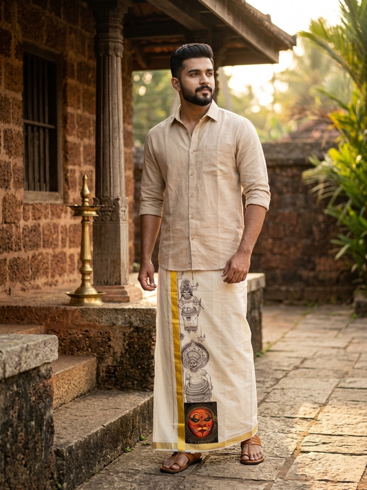 Southloom Pure Cotton Hand Painted Double Mundu (South Indian Kerala Dhoti)SL330