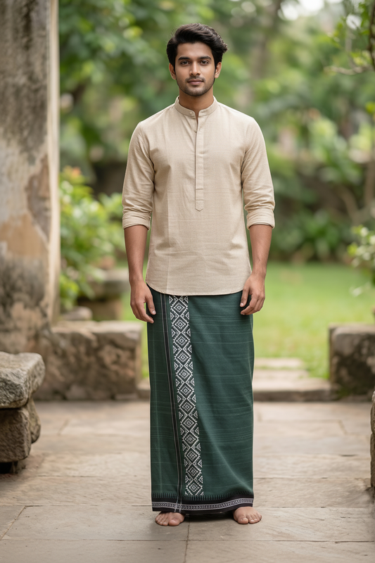 Southloom Green Printed Single Mundu / Otta Mundu / Lungi (South Indian Kerala Dhoti)