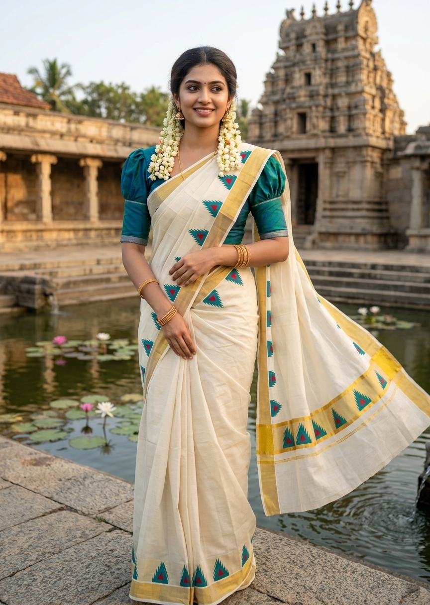 Southloom Cotton Kerala Kasavu Saree with Temple Digital Print In Blue and pink  With  Borders SL369