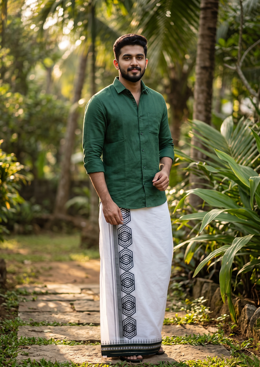 Southloom White Green Printed Single Mundu / Otta Mundu / Lungi (South Indian Kerala Dhoti) SL622