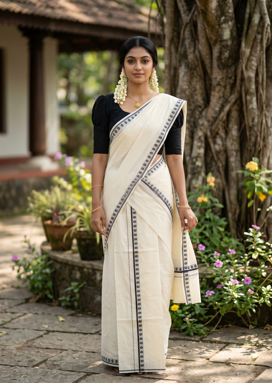 Southloom Pure Cotton Kerala Single Set Mundu (Mundum Neriyathum) with Digital Prints in Black 2.80 Mtrs SL359
