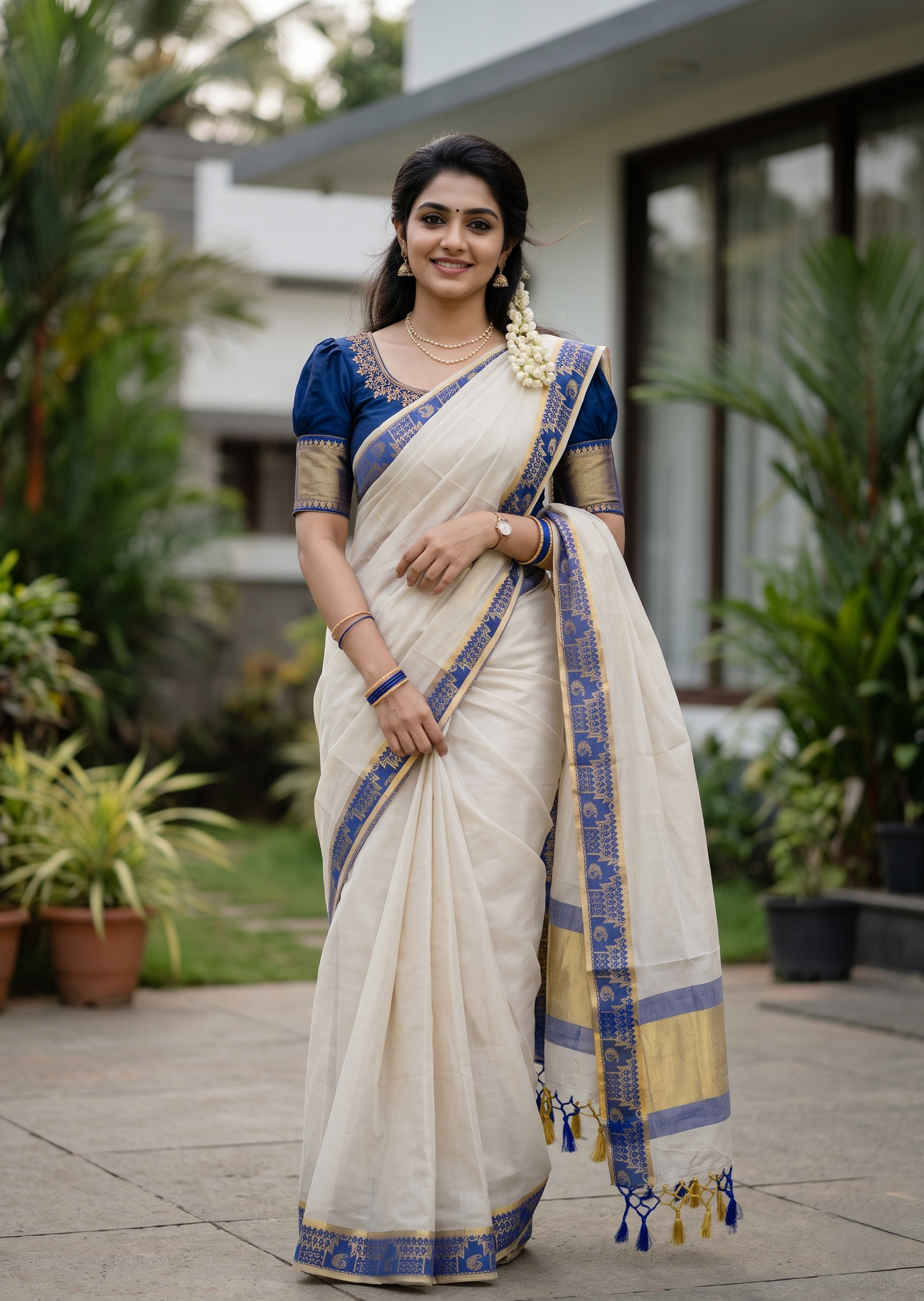 Southloom Kerala Tissue Kasavu Plain Saree with Blue Border