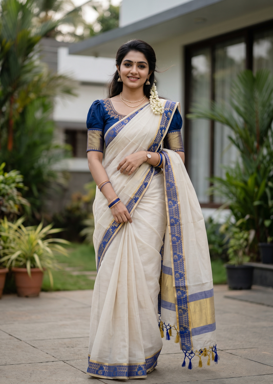Southloom Kerala Tissue Kasavu Plain Saree with Blue Border
