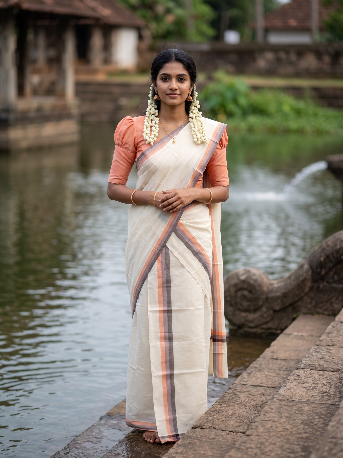 Southloom Kerala Mulloth Cotton Single Mundum Neriyathum with Multicolor Border