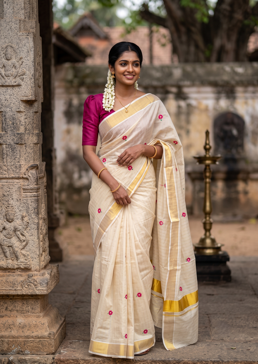Southloom Kerala Tissue Pink Floral Embroidery Design on the Body With Gold Kasavu