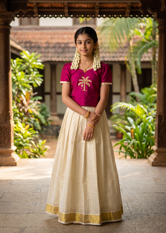 Southloom Kerala Tissue Kasavu Pavada Blouse with for Kids