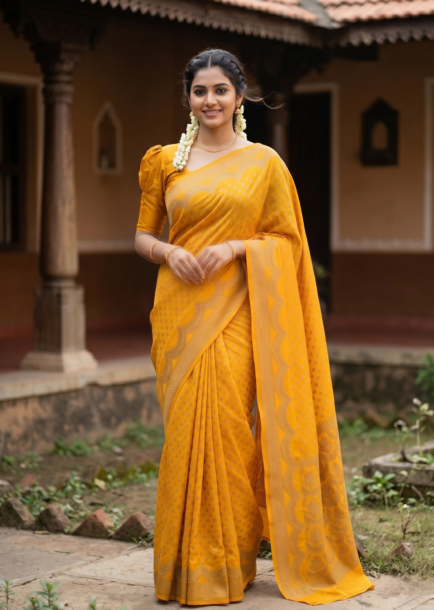 Southloom Munga Silk Saree with Woven Work on Body and Borders (Yellow)