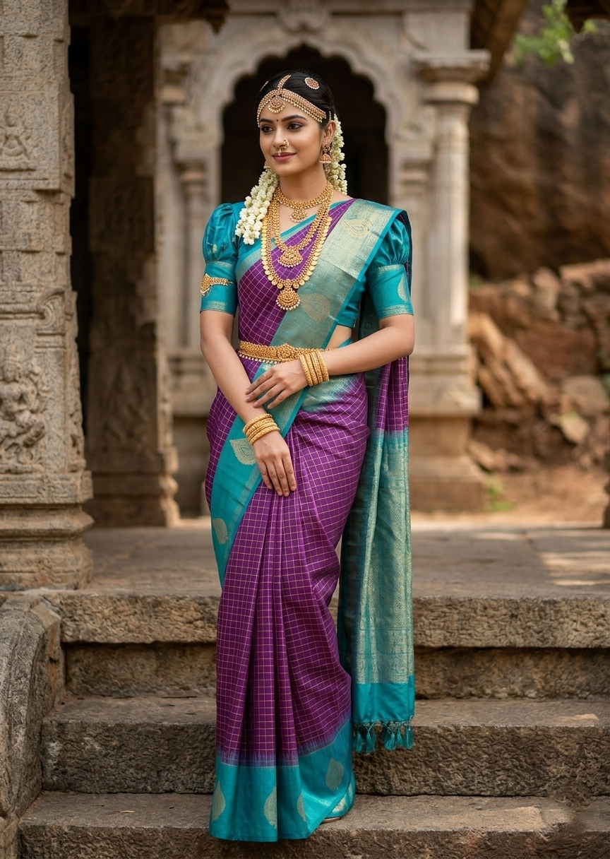 Southloom Premium Handloom Bridal Kanchipuram Silk Saree with Butta Works (Violet & Blue)