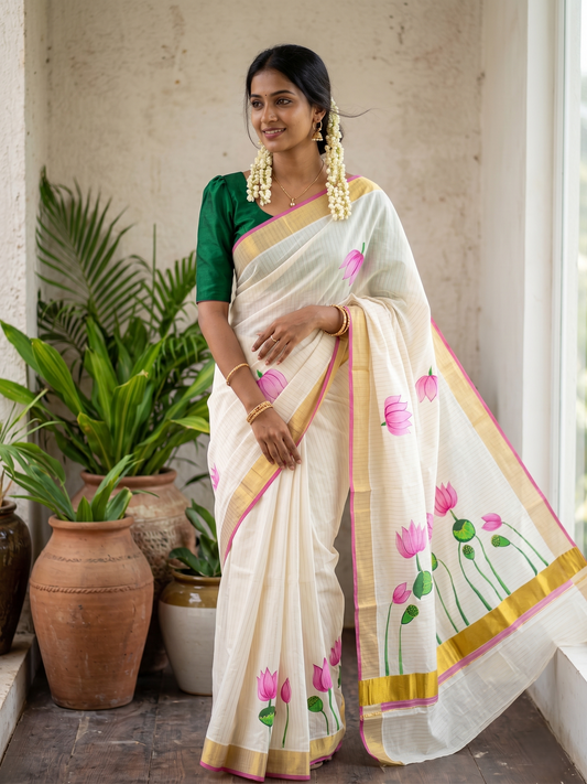 Southloom Cotton Kerala Kasavu Saree with Hand Painted Lotus Design