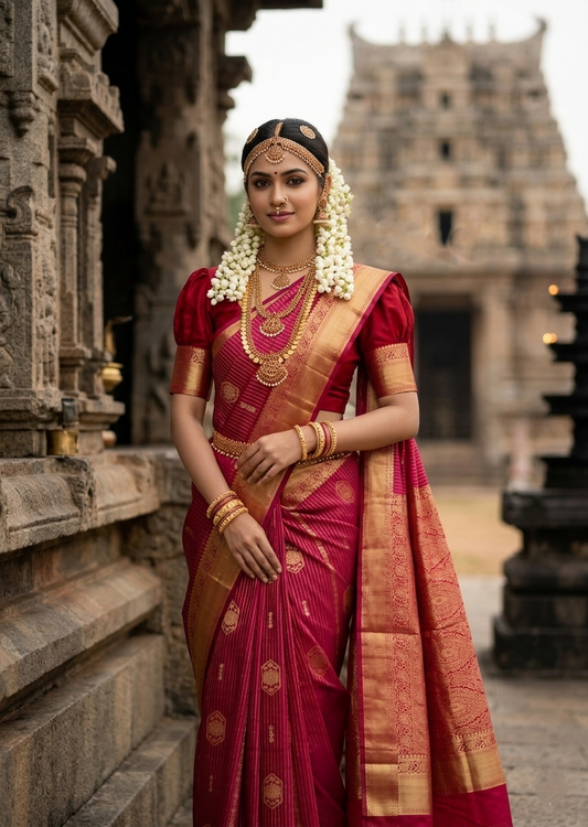 Southloom Premium Handloom Bridal Kanchipuram Silk Saree with Korvai Works
